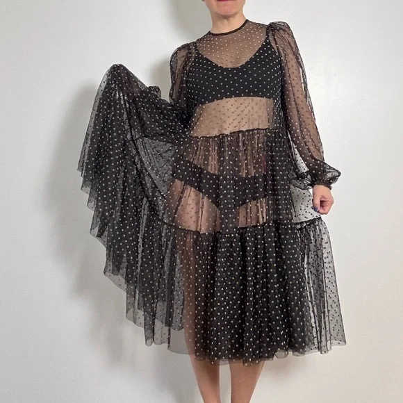 Sheer Black and Tan Polka Dot Maxi Dress - Size M - Picture 4 of 13